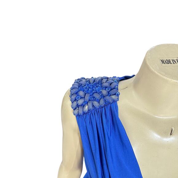 Tadashi Shoji Womens Cowl Neck Party Dress Y2K Blue Beaded Ruched Sleeveless - Picture 8 of 16